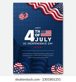 US Independence Day 4th July poster with waving flag and balloons illustration