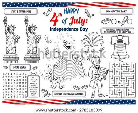 US Independence Day 4th of July educational activity worksheet for kids. Coloring page with American flag eagle connect the dots, Thomas Jefferson maze, find differences and word search game. Vector line art.