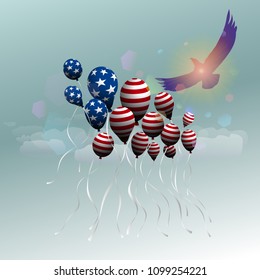 The US independence day.  Background with balloons in the form of the US flag. Flight of the balloons and the eagle up.