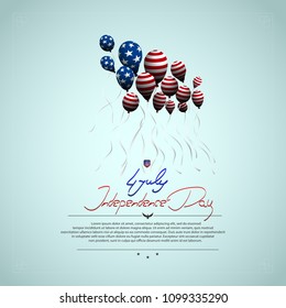 The US independence day. Background with balloons. U.S. flag. Lettering-July 4, independence day.