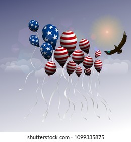 The US independence day. Background with balloons in the form of the US flag. Flight of the balloons and the eagle up.