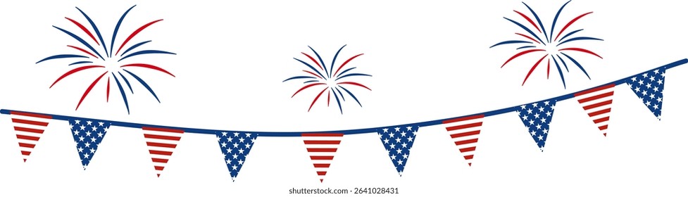 US Independence Day banner with American flag decoration on a transparent background. Fourth of July fireworks poster template