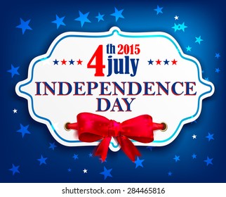 US Independence Day banner in red and blue colors with stars on vintage postcard with a silk bow. Vector illustration
