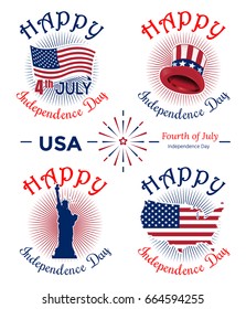 US Independence Day banner set. Fourth of July. Festive design. Celebratory icon collection and greeting inscriptions for 4th of July. Vector illustration