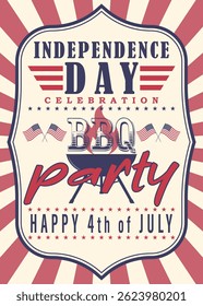 US Independence Day barbecue party flyer, greeting card, invitation template. 4th of July BBQ party background. Vector illustration.