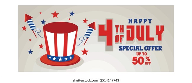 US independence day celebration with American hats and Uncle Sam Fireworks rockets. 4th of July promotion advertising banner template. flat vector modern illustration