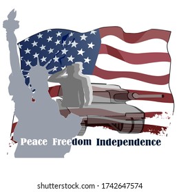 US Independence Day Greeting Banner in Grunge Style. Liberty Statue on National Flag Background. Veterans Day Concept