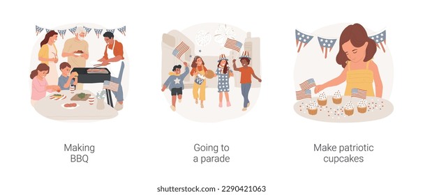 US Independence Day isolated cartoon vector illustration set. USA national holiday, family making BBQ on backyard, children visit parade on 4th of July, bake patriotic cupcakes vector cartoon.