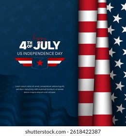 US Independence Day July 4th banner with folded flag and waving flag silhouette on blue background