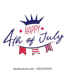 US Independence Day Lettering 4th of July with Statue of Liberty Crown and Festive Flags