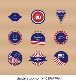 US Independence Day logotypes on the cardborad background. Set og logos. The 4th og July. American flag colors. Stock vector.