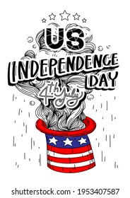 US Independence day, magic hat with calligraphy on the white background, font style, lettering, handwritten, wishing, card, drawing, hand-drawn