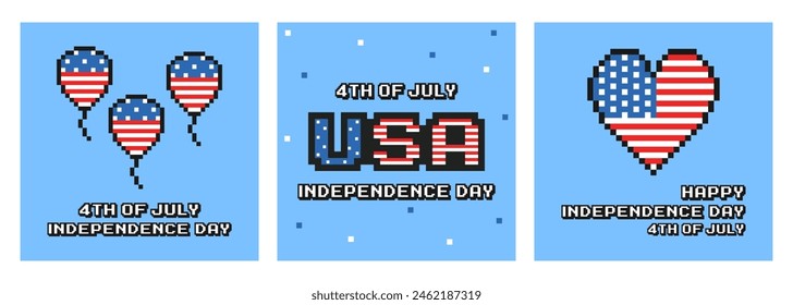 US independence day pixel art card set, social media post template, banner, 80s, 90s old arcade game style, United States, postcards, background, USA flag, heart, balloons, vector illustration