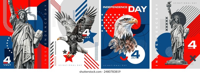 COLECCIÓN de afiches del Día de la Independencia de Estados Unidos. Diseños con estilo con la Estatua de la Libertad pintada y trazada, águila nacional y Formas geométricas. 4 de julio, Día Nacional