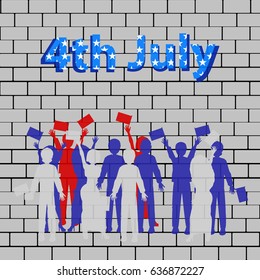 US Independence Day. Silhouettes of people with an American flag on a brick wall background. Street art. Illustration, vector for your design. Fourth of July. People's holiday