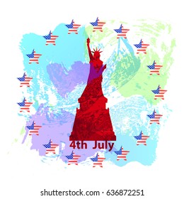 US Independence Day. Statue of Liberty on a white watercolor background with a circle of stars with an American flag. Illustration, vector for your design. Fourth of July. People's holiday