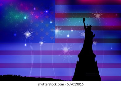 US Independence Day. A statue of liberty against the sky and fireworks with an American flag in the background. Illustration, vector for your design. Fourth of July. People's holiday