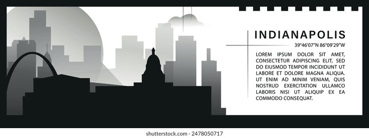 US Indianapolis skyline vector banner, black and white minimalistic cityscape silhouette. USA Texas state horizontal graphic, travel infographic, monochrome layout for website