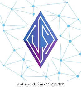 US Initial letter block chain logo icon vector template. Looping mono line circuit letter on rhombus cube logo