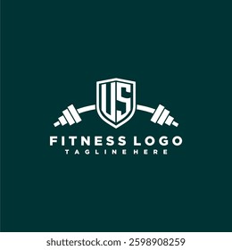 US initial monogram for fitnes or gym logo with creative shield and barbell design