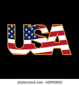 US inscription stylized flag colors in a golden frame on a black background. Vector illustration