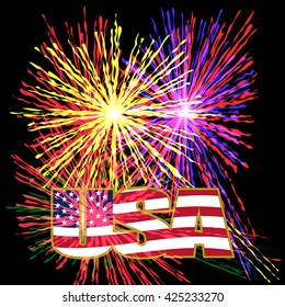 US inscription stylized flag colors in a gold frame on a background celebratory fireworks on Independence Day. Vector illustration