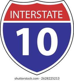 Icono de la autopista interestatal 10 de EE. Señal de la carretera interestatal 10 de EE. UU. con número de ruta y texto. Símbolo de la carretera interestatal 10. estilo plano.