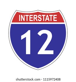 US Interstate 12 highway sign with route number and text, vector illustration.