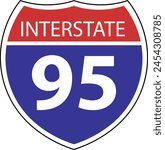 US Interstate 95 highway icon. US Interstate 95 highway sign with route number and text. Interstate highway 95 road symbol. flat style.