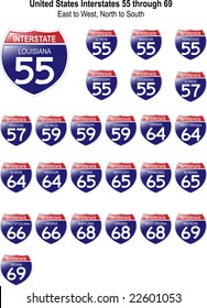 US Interstate Signs I-55 through I-69 with their respective states, with reflective-looking surface.