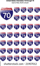 US Interstate Signs I-70 through I-79 with reflective-looking surface.