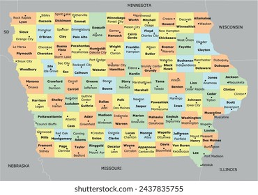 US Iowa State Map with 99 counties