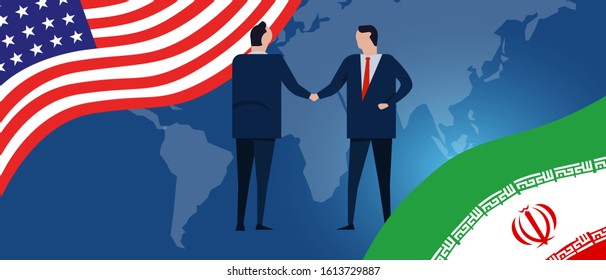 US Iran diplomatic relationship trade economic negotiation concept of political and business dispute tension or deal two man handshake with flag and map