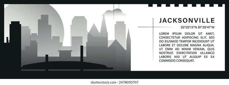 US Jacksonville skyline vector banner, black and white minimalistic cityscape silhouette. USA Florida state horizontal graphic, travel infographic, monochrome layout for website