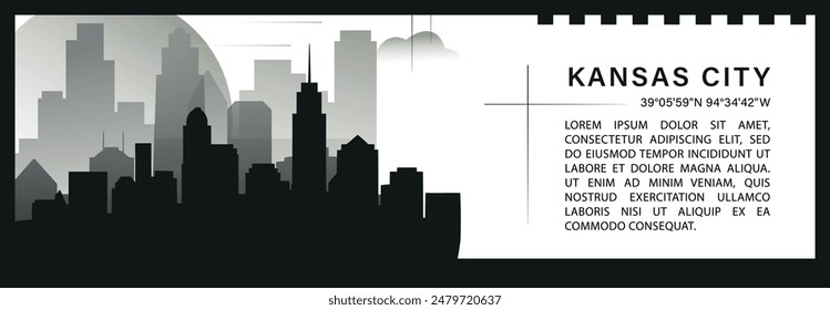 US Kansas City skyline vector banner, black and white minimalistic cityscape silhouette. USA Missouri state horizontal graphic, travel infographic, monochrome layout for website