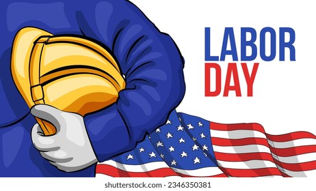 US Labor Day Cartoon Illustration Banner With Worker Holding Safety Helmet and American Flag Background