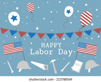 US labor day celebration with flags, balloons, hardware tools and stars on blue background