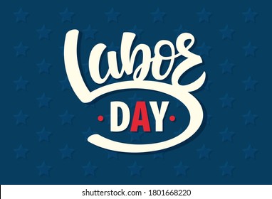 US Labor day logo. Vector illustration in USA flag colors with celebration text, stars isolated on navy background. Lettering typography poster for American national holiday. Icon, card, badge design