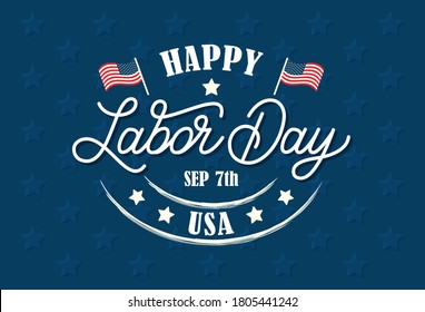 US Labor day logo. Vector illustration of celebration text, USA flag, stars isolated on navy background. Typography poster for American national holiday on September 7th. Icon, postcard, badge design