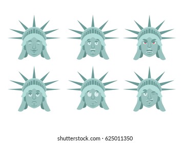 US landmark: Statue face of Liberty emoji. Emoticons set. Aggressive, good, Surprised and sleepy. USA avatar collection
