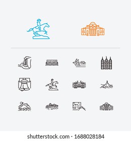 Us Landmarks Icons Set. Delaware And Us Landmarks Icons With Alaska, Nevada And Wisconsin. Set Of Natural For Web App Logo UI Design.