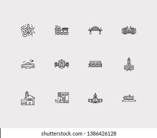 Us Landmarks Icons Set. Maryland And Us Landmarks Icons With Vermont, Nevada, Rhode Island. Set Of Sun For Web App Logo UI Design.