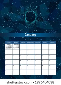 Us letter paper size vector futuristic monthly planner calendar January 2022 week starts on Sunday. Vertical technology organizer, habit tracker. Colorful modern illustration.