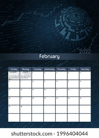 Us letter paper size vector futuristic monthly planner calendar February 2022 week starts on Sunday. Vertical technology organizer, habit tracker. Colorful modern illustration.