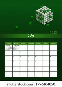 Us letter paper size vector futuristic monthly planner calendar July 2022 week starts on Sunday. Vertical technology organizer, habit tracker with blockchain cubes. Colorful modern illustration.