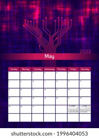 Us letter paper size vector futuristic monthly planner calendar May 2022 week starts on Sunday. Vertical digital technology organizer, habit tracker with pcb tracks. Colorful modern illustration.