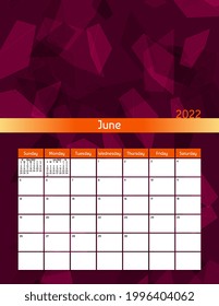 Us letter paper size vector futuristic monthly planner calendar June 2022 week starts on Sunday. Vertical polygonal organizer, habit tracker. Colorful modern illustration.