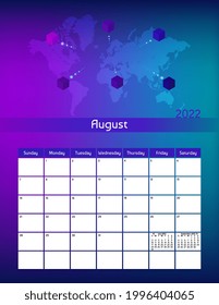 Us letter paper size vector futuristic monthly planner calendar August 2022 week starts on Sunday. Vertical technology organizer, habit tracker with world map and cubes. Colorful modern illustration.