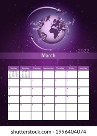 La semana de marzo de 2022 comienza el domingo. Organizador vertical de tecnología 5g, rastreador de hábitos con satélites y planeta tierra. Ilustración moderna.