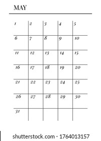 Plantilla del planificador de vectores de tamaño de carta de EE. UU. Página de bloc de notas vertical imprimible en blanco. Organizador de negocios. Seguimiento de hábitos del calendario de mayo, proyecto, notas, objetivos. 